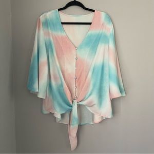 New Pink and Blue Draped Blouse Tie Front V Neck Size 2X